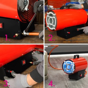 EBERTH Gasheizgebläse 30kW: Montage, Betrieb und Funktion des roten Heizlüfters in 4 Schritten.