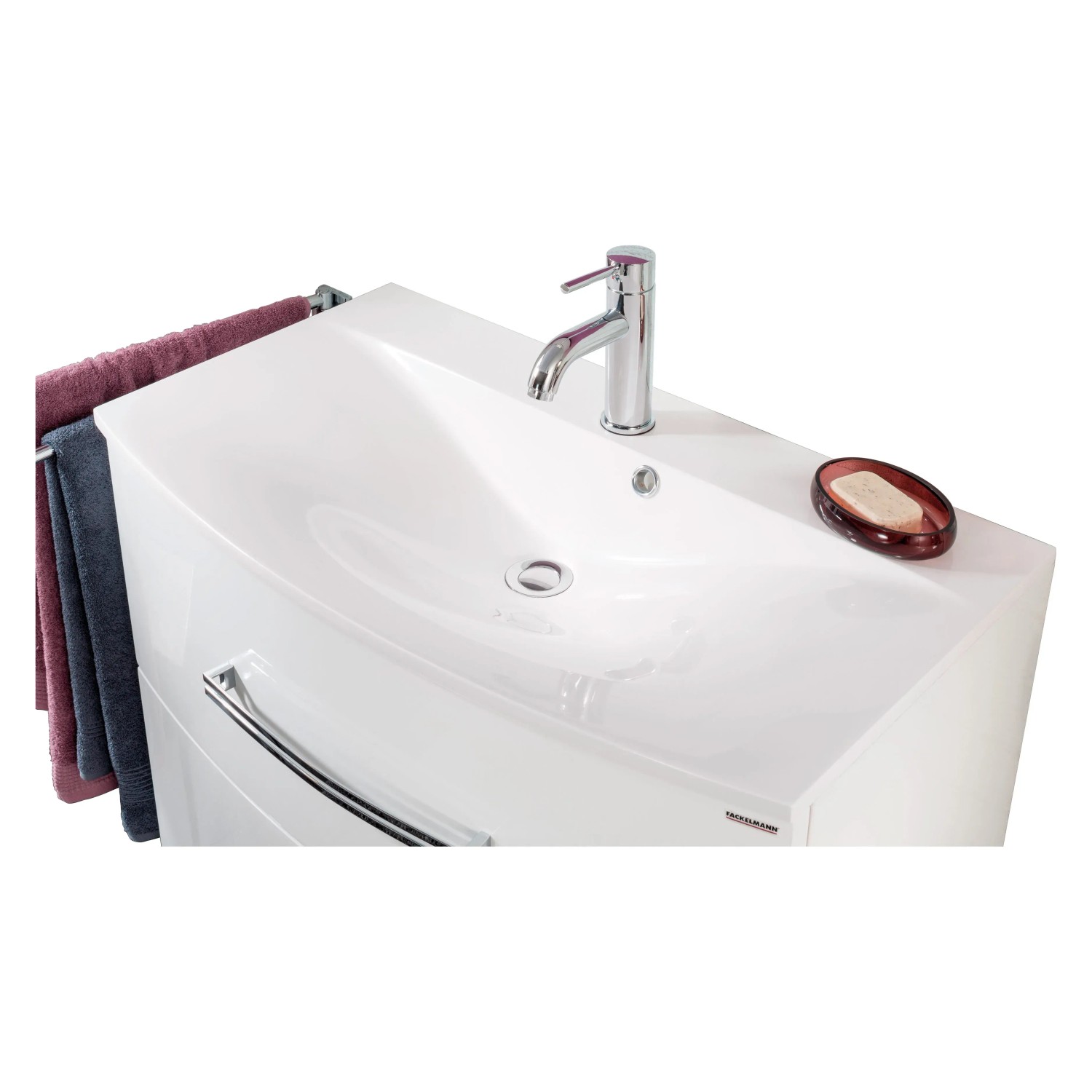 Fackelmann Waschbecken Lugano, 80 cm, weißes Einbauwaschbecken mit Armatur und Handtüchern.