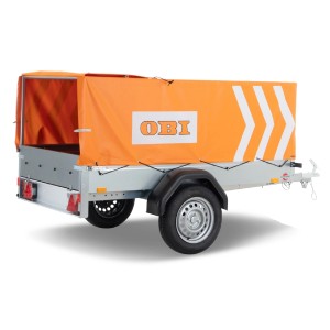 Stema Anhänger AN 750-13 mit orangener Hochplane (OBI Logo), einachsiger Autoanhänger.