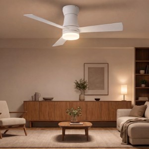 Weißer PXloue Deckenventilator mit 3 Flügeln und LED-Beleuchtung. Moderner Ventilator für Wohnzimmer, steuerbar per Fernbedienung.