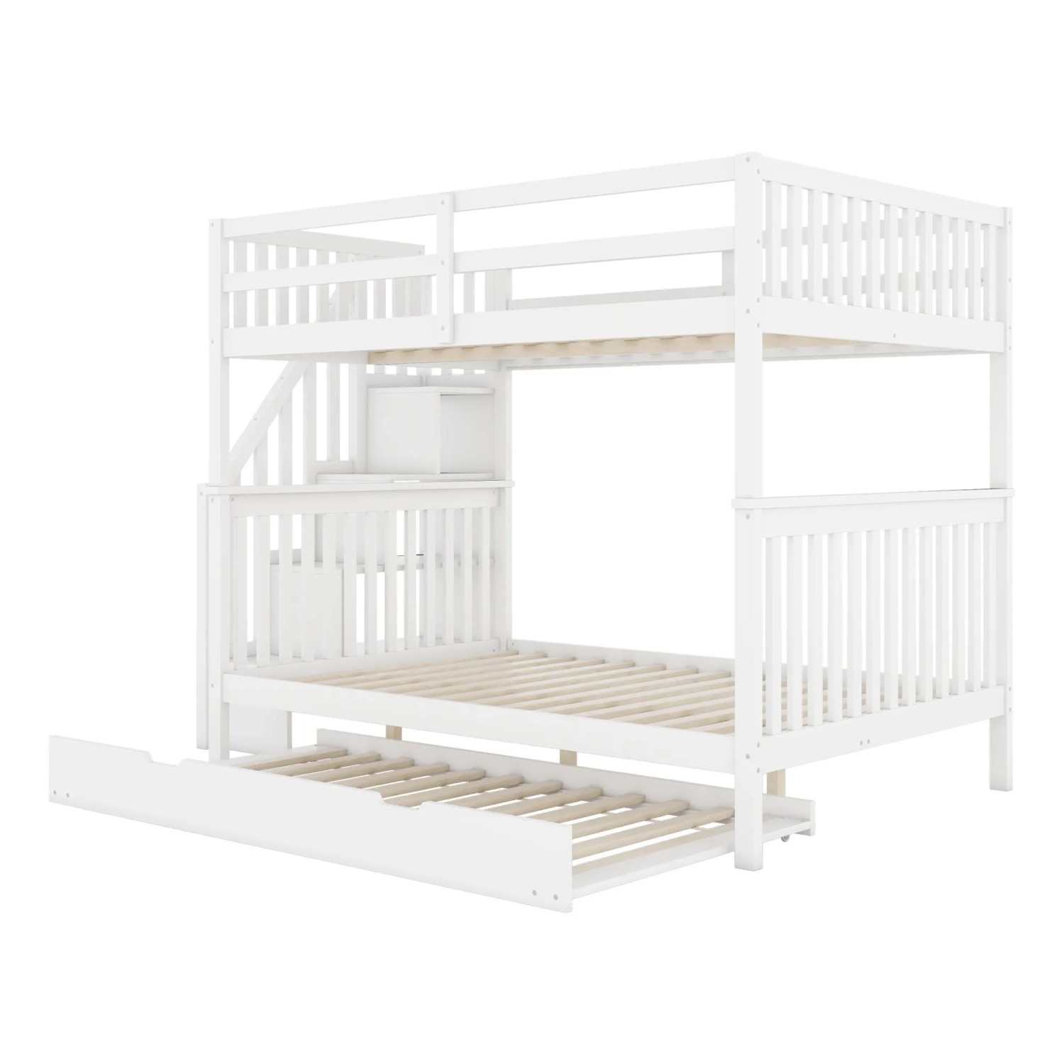 okwish Etagenbett 140x200cm mit Treppenregal und Rollbett Kinderzimmer Weiß ohne Matratze