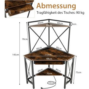 Costway Schreibtisch mit Ladestation 80 x 80 x 145 cm Vintage