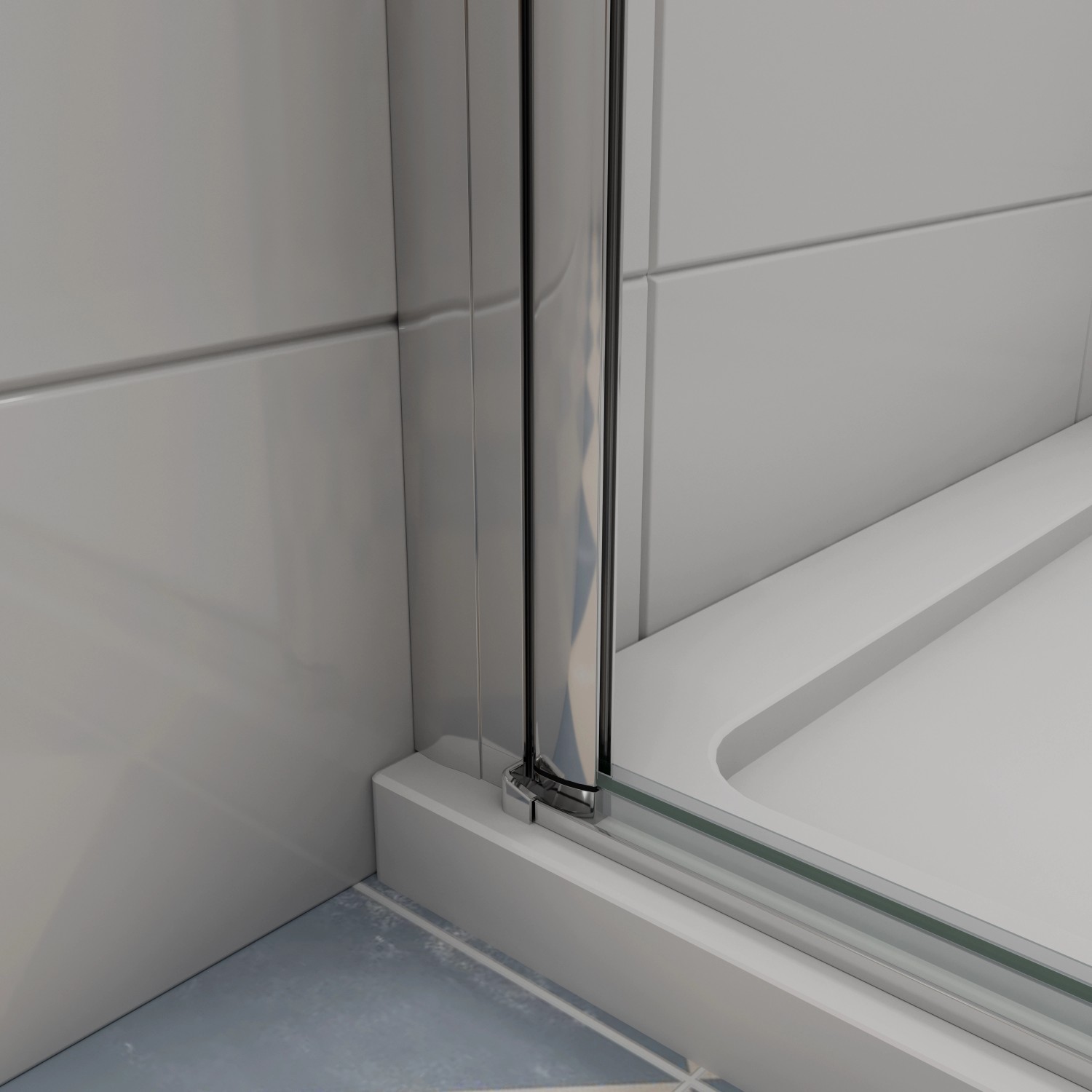 Detailaufnahme: AICA Duschkabine 80x195cm mit Chromrahmen und Klarglas, Teilansicht.