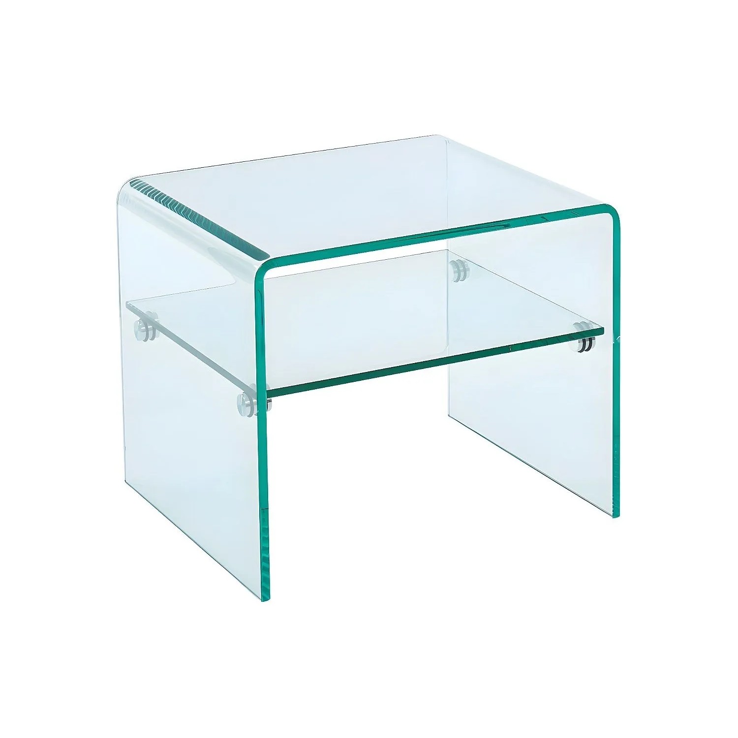 Eleganter Vente-unique Nachttisch Stileos aus transparentem Glas, 48 cm. Mit abgerundeten Kanten und Ablage.