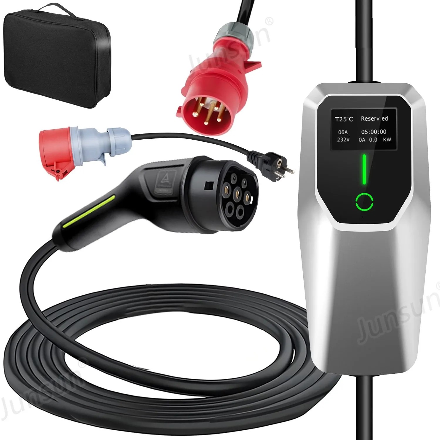 Junsun EV Ladegerät 11kw 8m Cable Type 2 3-phasig 6-16A Mit Adapter