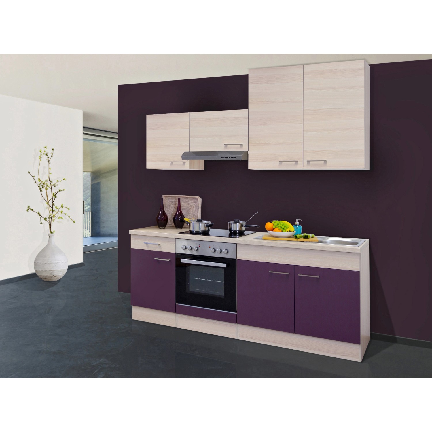 Flex-Well Exclusiv Küchenzeile/Küchenblock Focus 210 cm Akazie-Aubergine