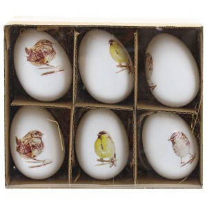 Box mit 6 weißen Ostereiern mit Vogelmotiven zum Aufhängen, frühlingshafte Osterdeko.