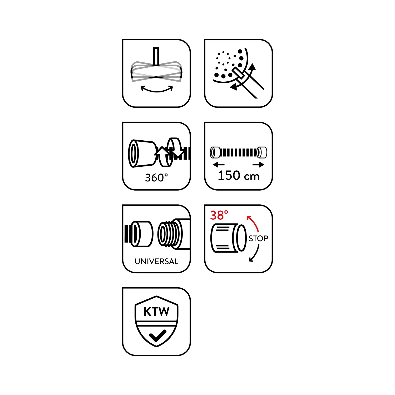 Piktogramme des baliv Überkopfbrause-Sets KBS-22.100: Funktionen und Eigenschaften im Überblick.