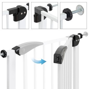 Detailaufnahme: Weißes Türschutzgitter von ECD Germany mit Montage-Details für Kindersicherheit.