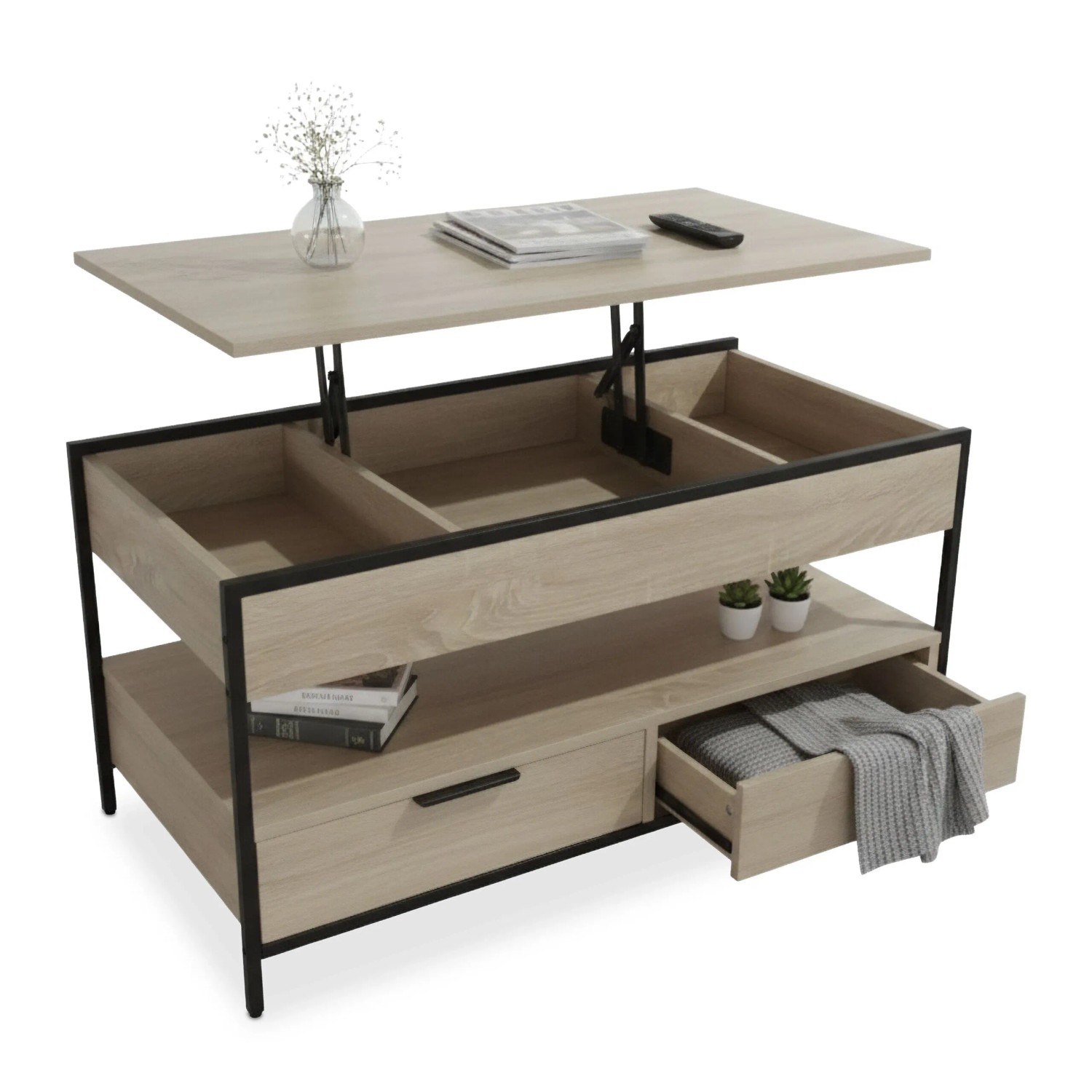 Relaxdays Couchtisch Holzwerkstoff Eisen Hellbraun Höhenverstellbar Ausklappbar 48 bis 63 cm x 100 cm x 40 cm 27 kg