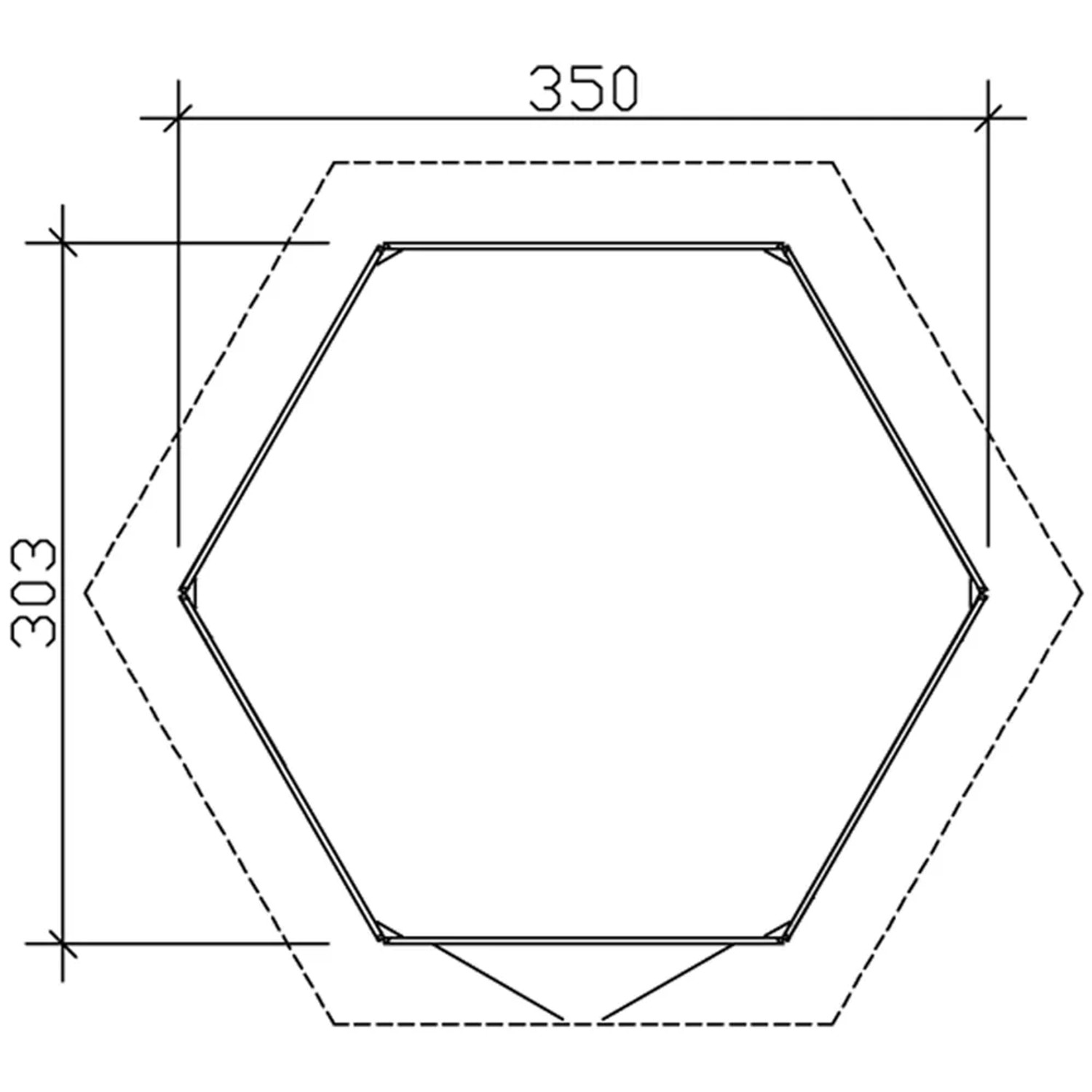 Grundriss Skan Holz Pavillon Almelo, Schwedenrot, 350x303 cm, Gartenlaube mit Maßangaben.