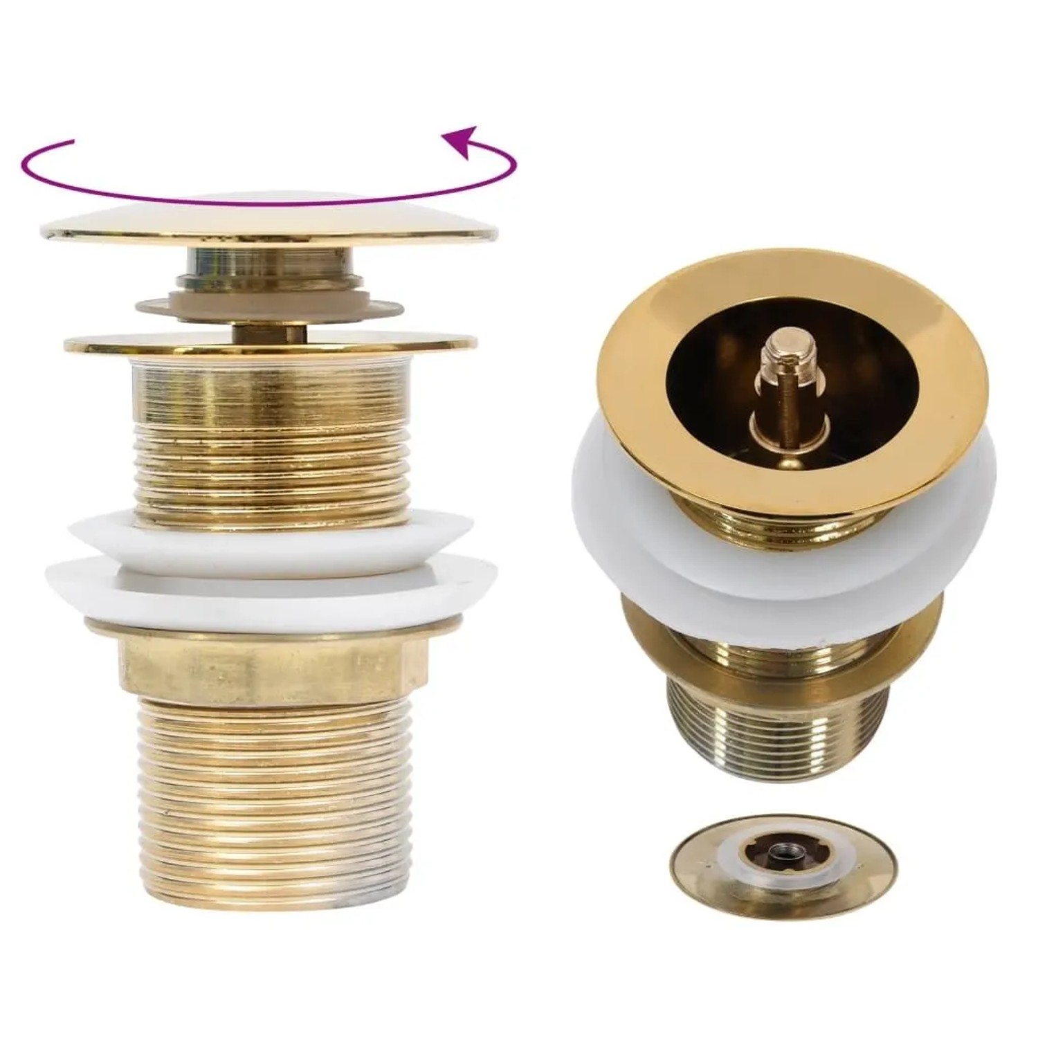 Goldene Ablaufgarnitur für Waschbecken von vidaXL, mattiert, mit Pop-Up Funktion.