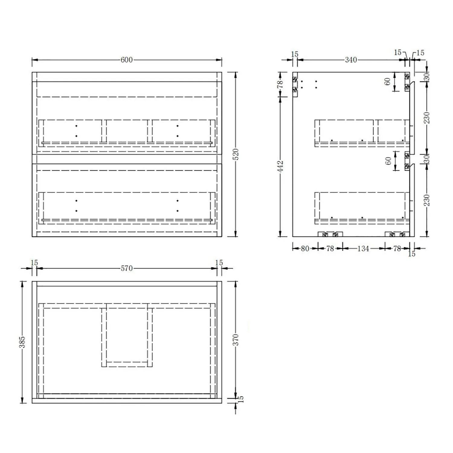 Technisches Diagramm des Duschparadies Waschbeckenunterschranks Y244X mit Maßen 60x39x52cm, 2 Schubladen und Siphonausschnitt.