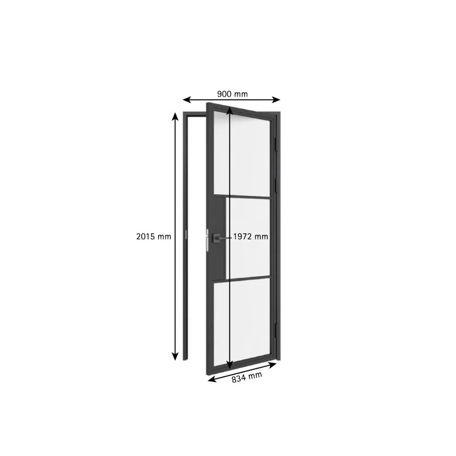 inova Loft Glastür, 834x1972mm, satiniert, 3 Felder, DIN Rechts, Komplettset mit schwarzem Beschlag.
