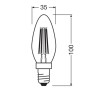 Skizze: Osram LED E14 Leuchtmittel in Kerzenform, 3,4W, warmweiß, 10x3,5cm, mit Maßangaben.