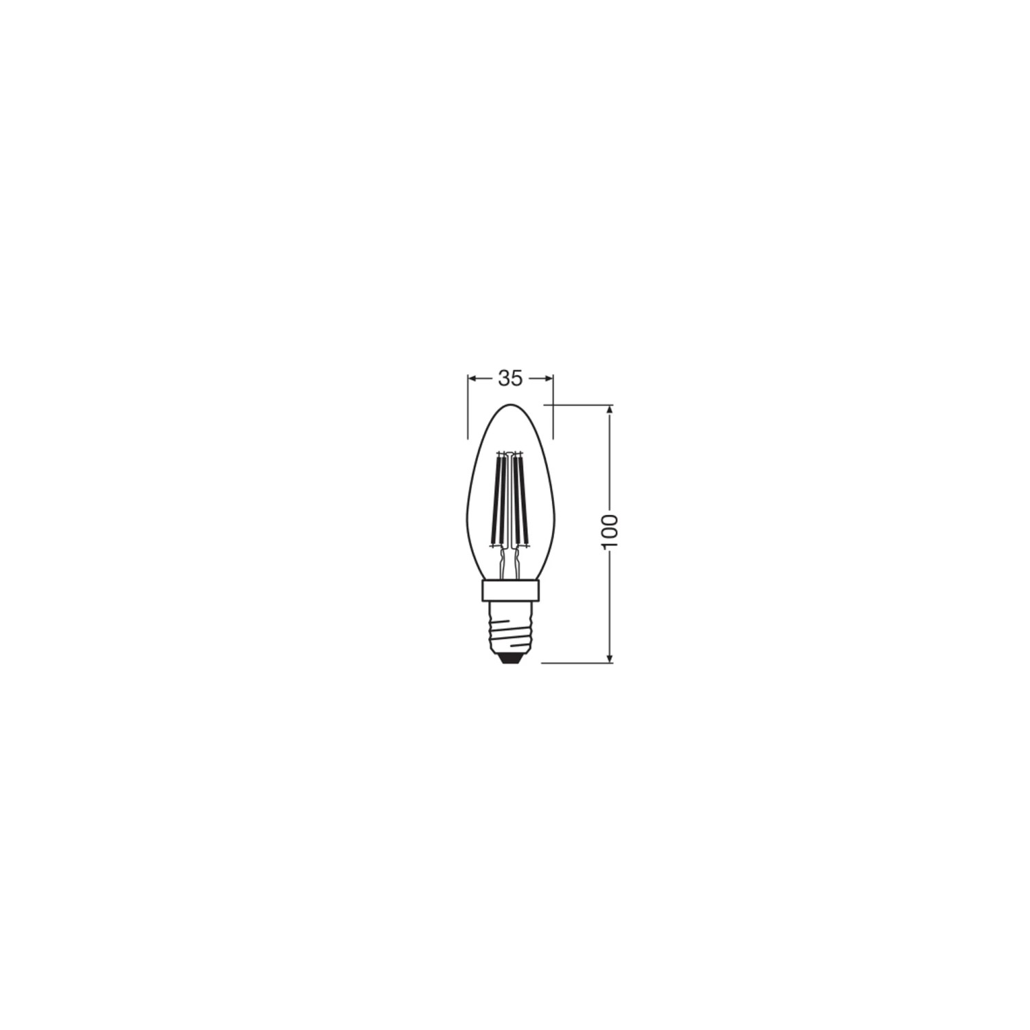 Skizze: Osram LED E14 Leuchtmittel in Kerzenform, 3,4W, warmweiß, 10x3,5cm, mit Maßangaben.