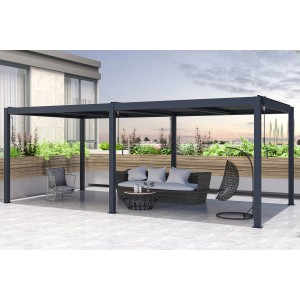 Graue Cazeboo Bioklimatische Pergola Santa 6x3m aus Aluminium mit Gartenmöbeln.