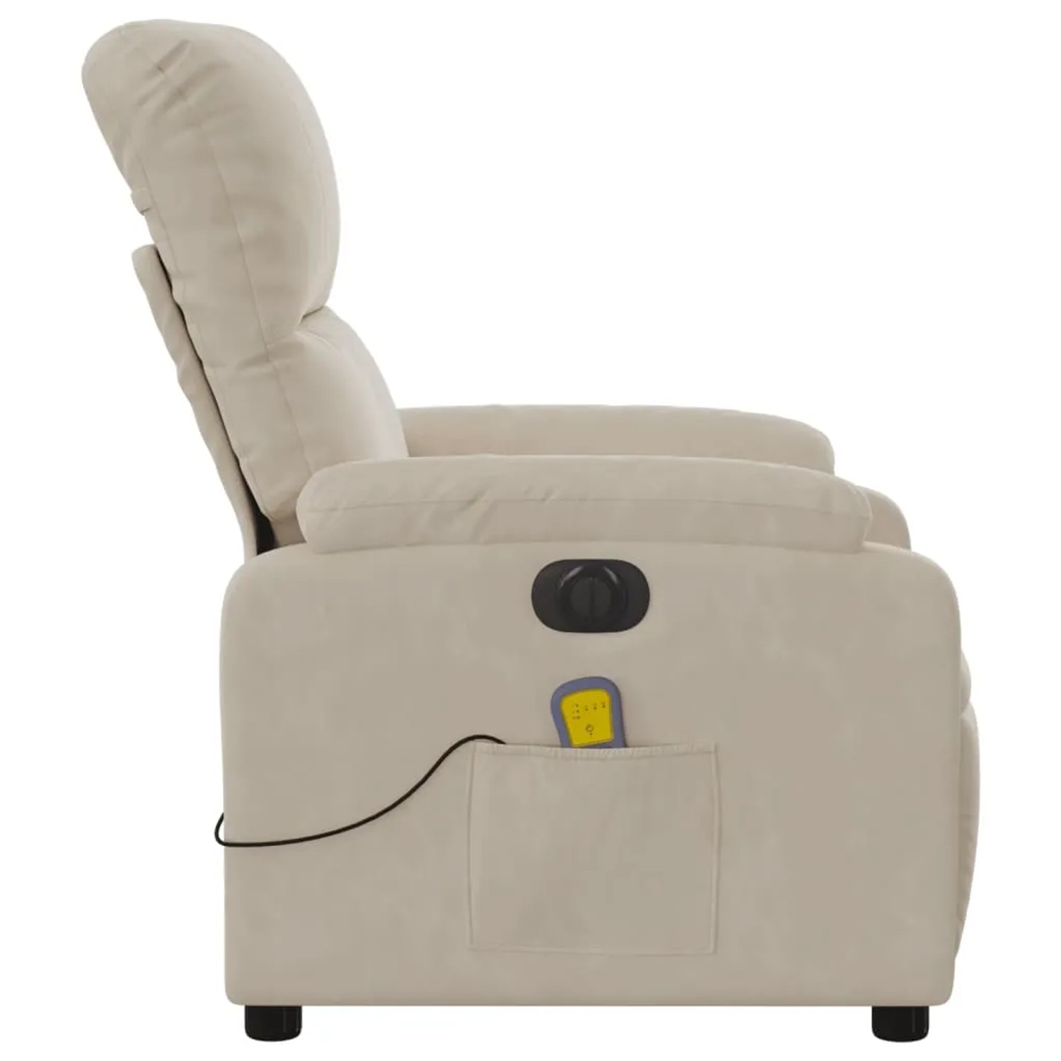 Beiger elektrischer Massagesessel mit Mikrofaserbezug, seitliche Ansicht. Relaxsessel mit Fernbedienung in Tasche.
