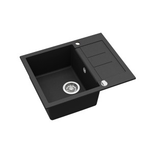 Schwarze Helika Einbauspüle aus Granitverbundstoff, 62x50 cm, mit Abtropffläche.
