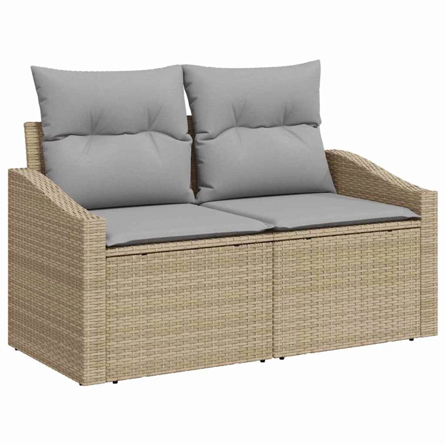 Beiges 9-teiliges vidaXL Garten-Sofa-Set aus Poly Rattan mit grauen Kissen.