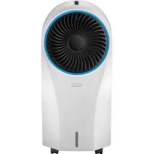 Weißer DeLonghi Ventilatorkühler EV250 mit blauem Akzent und Ionisator.