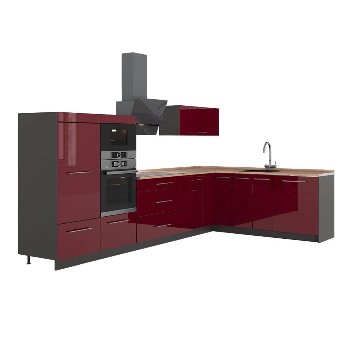Vicco Eckküche Fame-Line Bordeaux Hochglanz/Anthrazit 347 x 154 AP Eiche Art Nr 63578