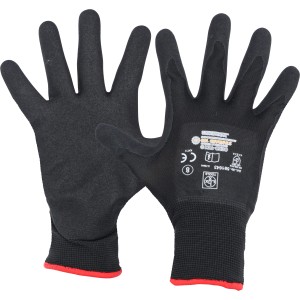 LUX Arbeitshandschuhe Green Glove Gr. 9, aus recyceltem PET, schwarz mit rotem Saum.