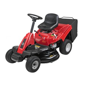 Roter Troy-Bilt Aufsitzmäher Mini-Rider 76T-R mit Heckauswurf und Fangkorb.