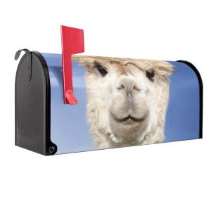 Schwarzer US Briefkasten mit Lama Motiv. Amerikanischer Postkasten aus Stahl, 48x22x16cm.