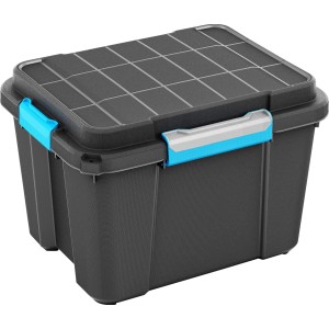 Schwarze Aufbewahrungsbox Scuba M mit blau-grauen Griffen und Deckel mit Silikonring.