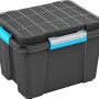Schwarze Aufbewahrungsbox Scuba M mit blau-grauen Griffen und Deckel mit Silikonring.