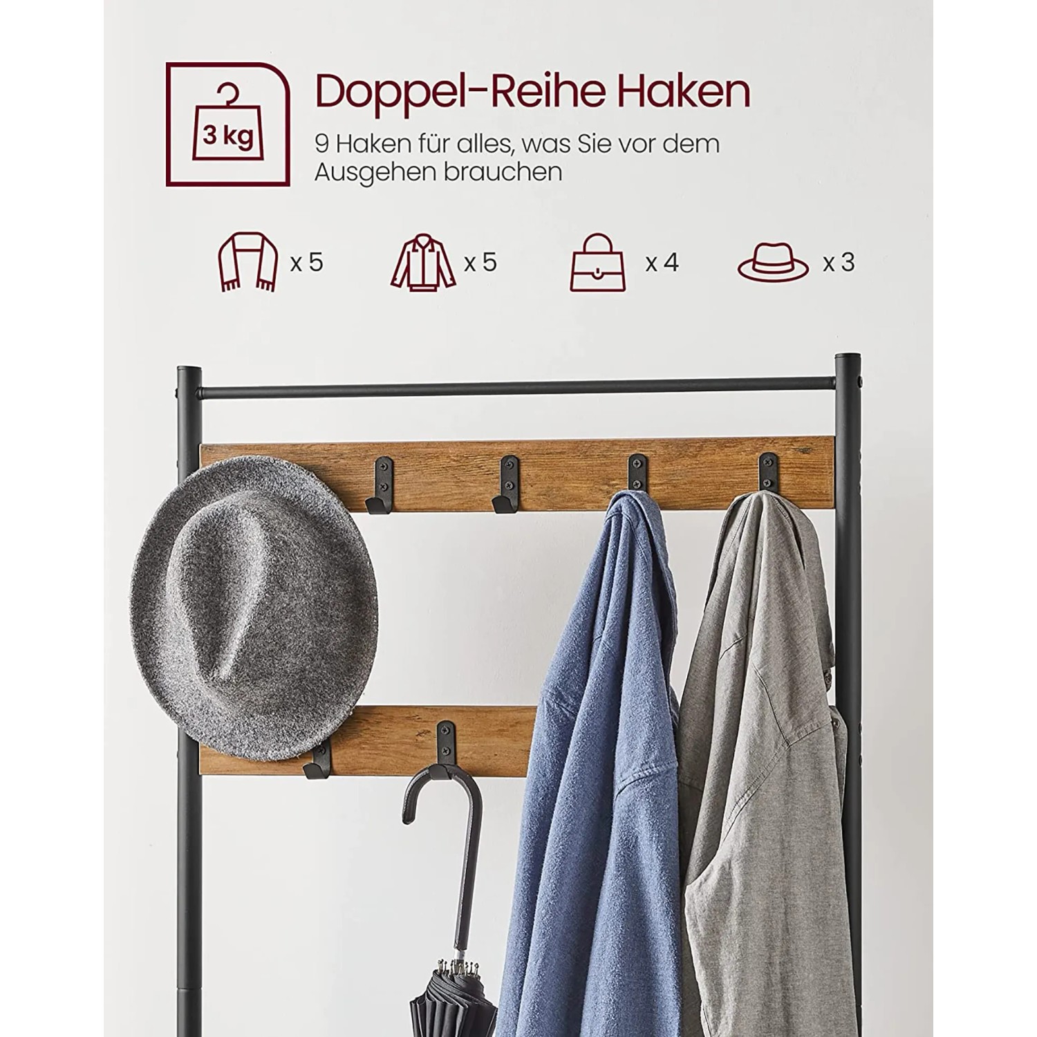 Vasagle Garderobenständer braun-schwarz mit 9 Haken und Ablagen für Hüte, Jacken und Schirme.