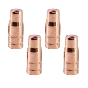 Vier kupferfarbene STAHLWERK Fülldrahtdüsen für MIG MAG Schweißbrenner AK15/MB15. Set mit Keramikring.