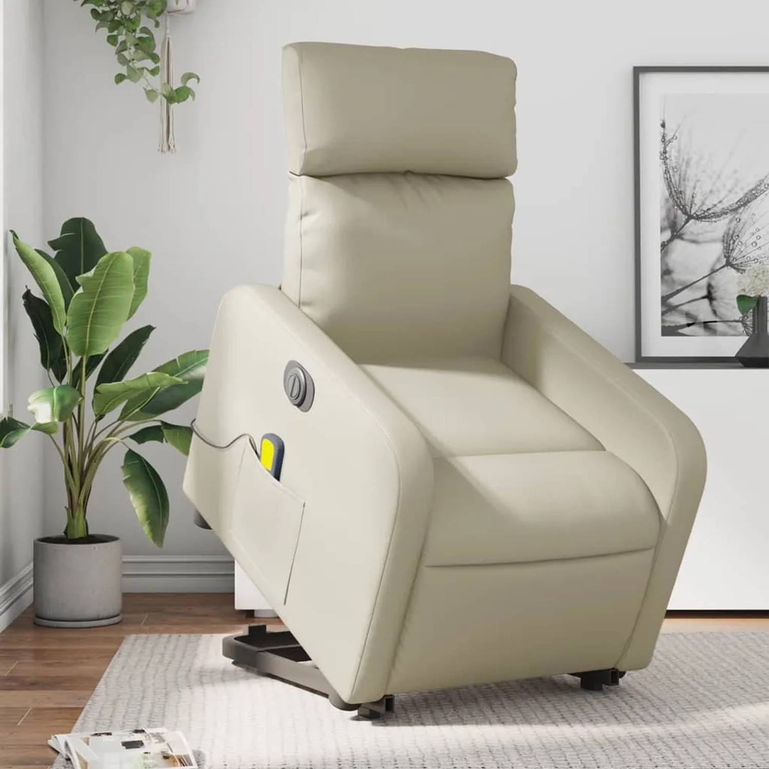 Elektrischer Massagesessel mit Aufstehhilfe, creme-farbenes Kunstleder. Relaxsessel mit Vibrationsmassage und Seitentasche.