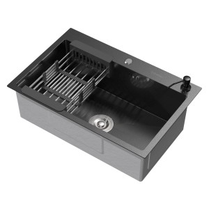 ML-Design Spülbecken, Edelstahl, anthrazit, mit Abtropfkorb und Seifenspender.