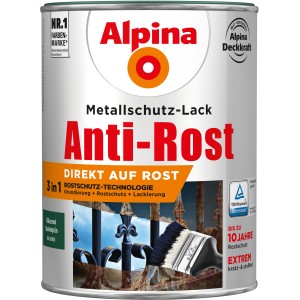 Dunkelgrüne Alpina Metallschutz-Lack Dose, Anti-Rost Formel, glänzend, 2,5 Liter.