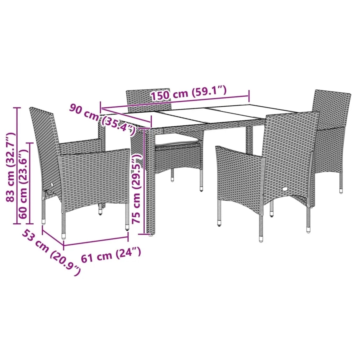 Braune 5-tlg. vidaXL Garten-Essgruppe aus Polyrattan mit Glasplatte und cremeweißen Kissen.