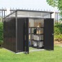 Duramax Metallgerätehaus Palladium 8x6 in Anthrazit mit geöffneten Türen und Regalen im Inneren.