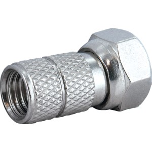 Schwaiger F-Stecker, 8,2 mm, silberfarben, für Koaxialkabel, Nahaufnahme.