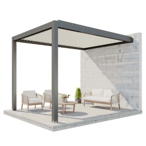 Wandmontierte Huun Pergola Mezzo in Anthrazit-Weiß, 300x400 cm, mit Lamellendach und Sitzgruppe.