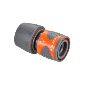 Orange-graues FUXTEC Wasserstop Schlauchstück 1/2 Zoll aus robustem Kunststoff für Gartenschläuche.