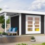 Modernes, anthrazitfarbenes Weka Holz-Gartenhaus mit Flachdach und überdachter Terrasse. Ideal als Gerätehaus oder Gartenlaube.