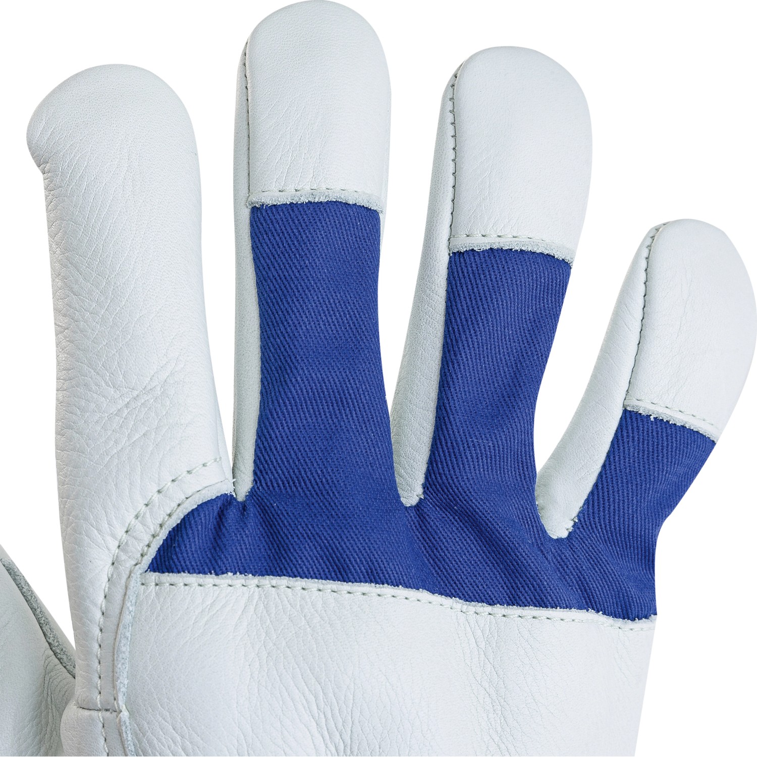 Detailaufnahme: LUX Arbeitshandschuh aus Leder, Gr. 10, mit blauem Stoffeinsatz.