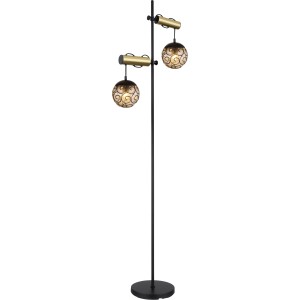 Moderne Globo Stehlampe Fitz, 2-flammig, schwarz-gold mit rauchfarbenen Lampenschirmen.
