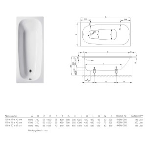 Bette Badewanne Steel 180x80 cm, weiße Stahl-Badewanne mit Maßangaben.