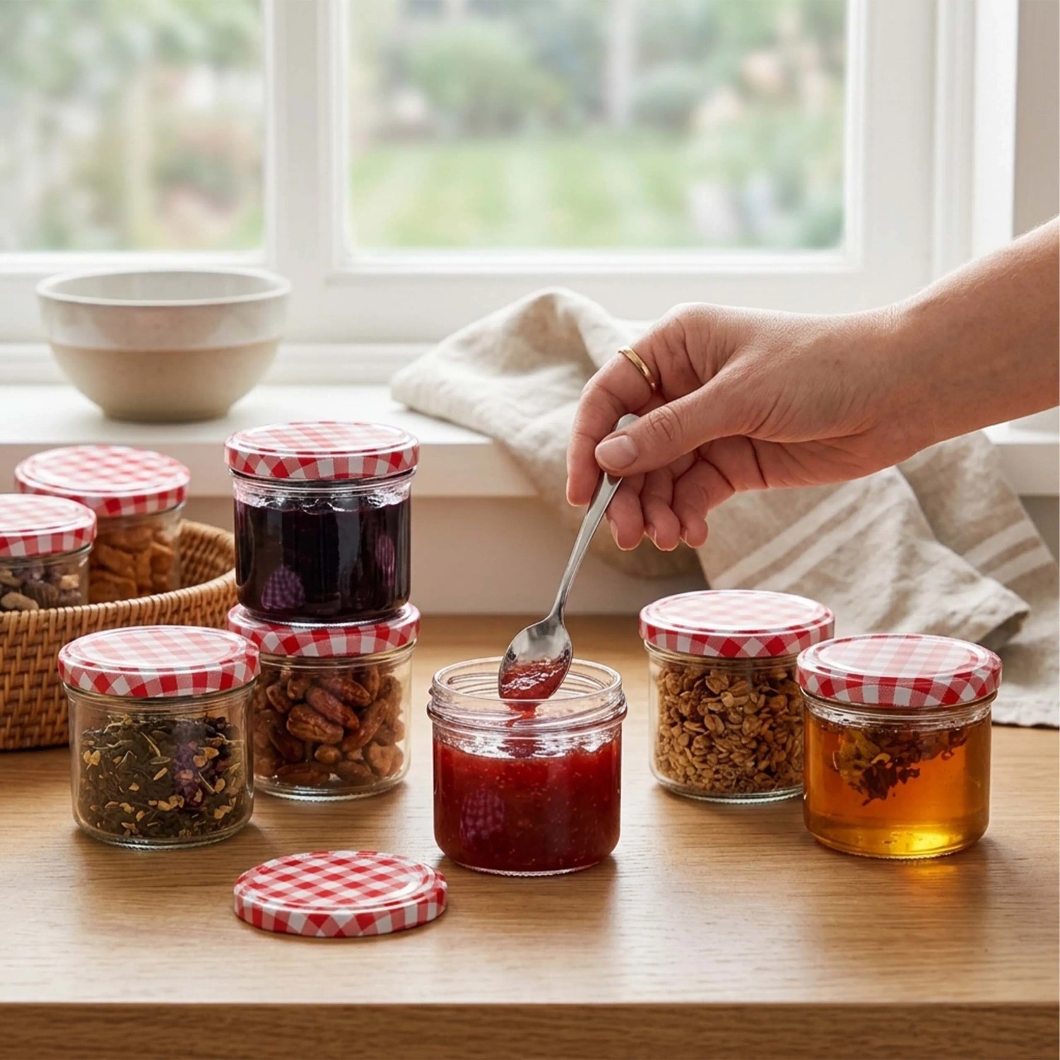 Relaxdays Einmachgläser Glas Stahl Transparent Rot Weiß Twist-Off Luftdicht 25er Set 6,5 cm x 8,5 cm 0,18 kg_2