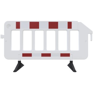 Weißes Schake Absperrgitter aus Kunststoff mit rot-weißer RA1/A Folie und schwarzen Füßen.