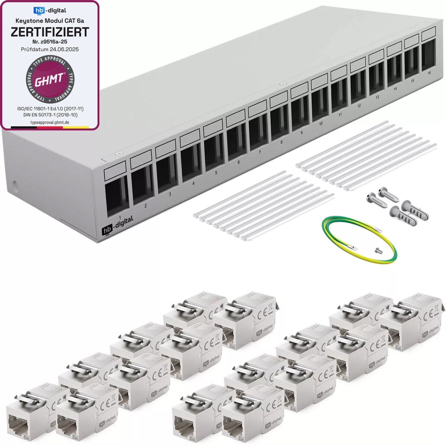 hb-digital Patchpanel 16 Port mit 16x Keystone Module Cat 6a Hellgrau günstig online kaufen