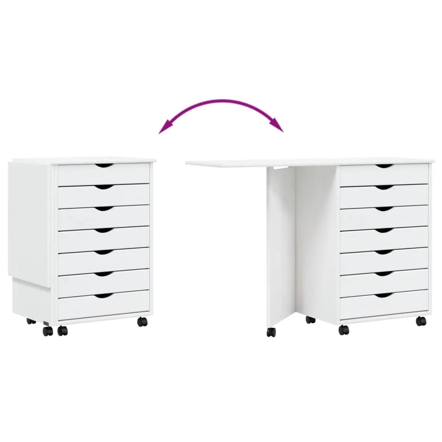 vidaXL Rollschrank mit Schreibtisch MOSS, weißes Kiefernholz, mit 7 Schubladen und Rollen.
