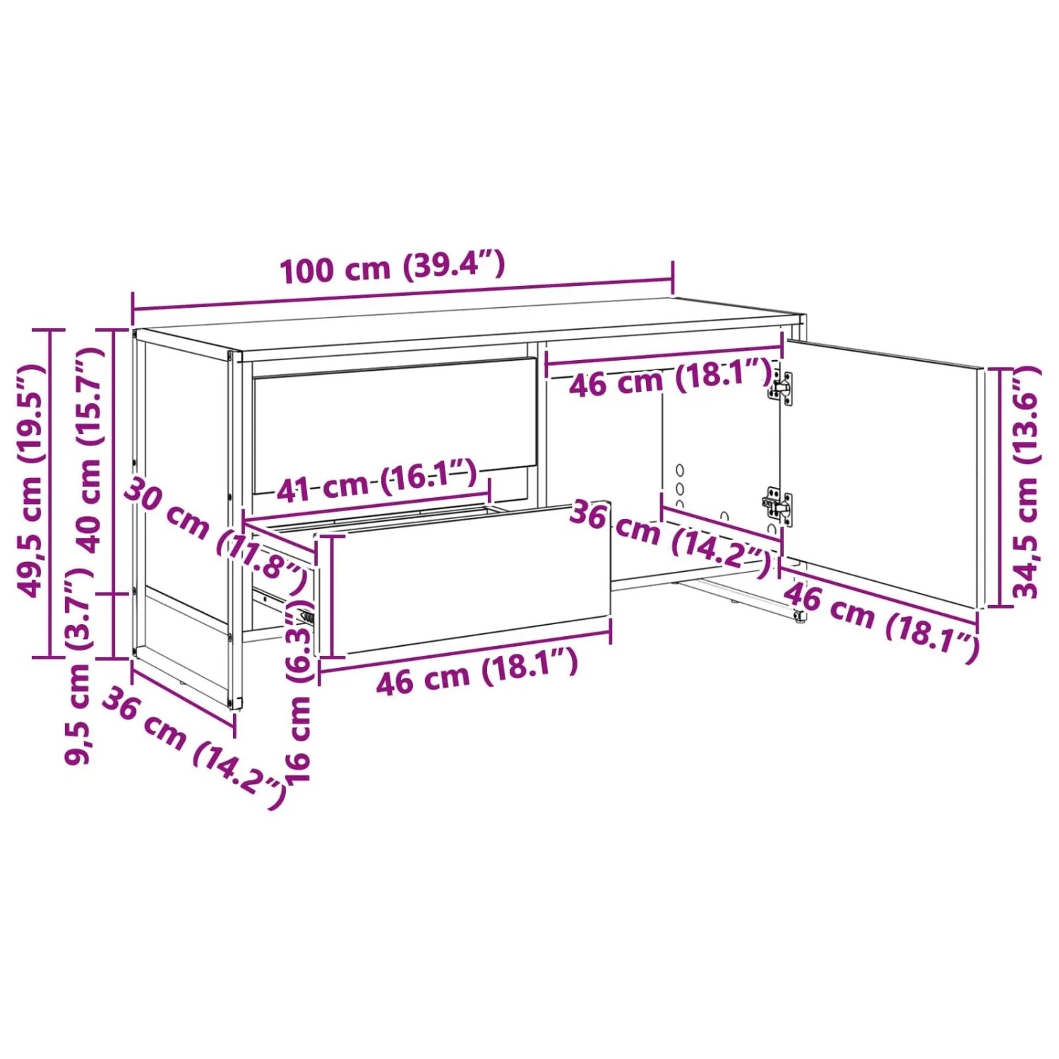 vidaXL TV-Schrank, schwarz Eichen-Optik, 100cm breit, mit Schublade und Tür. Möbel für Wohnzimmer.